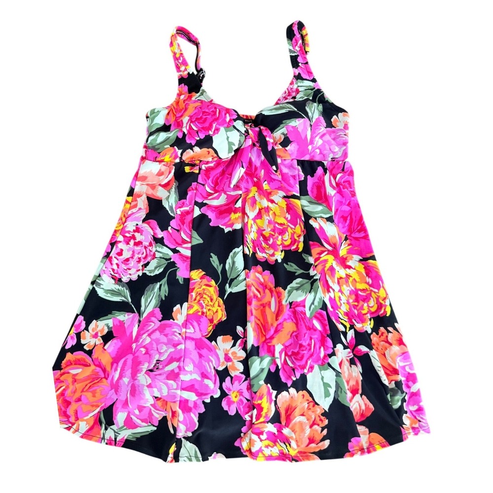 Bal Harbour Swim Women 10 Floral Swim Dress Pink Orange Black One Piece Swimsuit